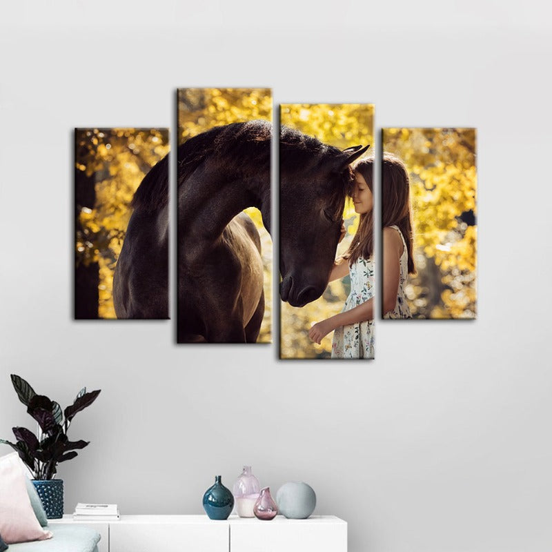 4-teilige Freundschaft zwischen einem Mädchen und einem Pferd - Leinwand Wandkunst Gemälde