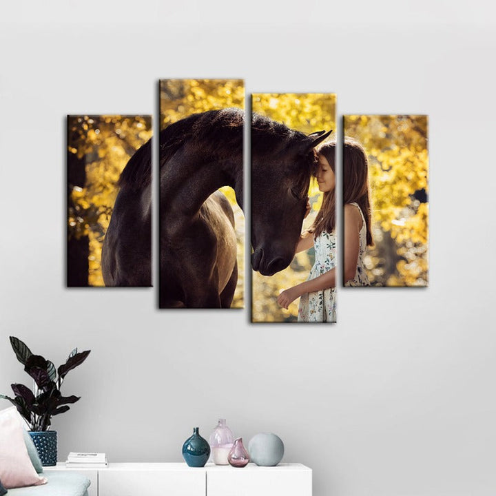 4-teilige Freundschaft zwischen einem Mädchen und einem Pferd - Leinwand Wandkunst Gemälde