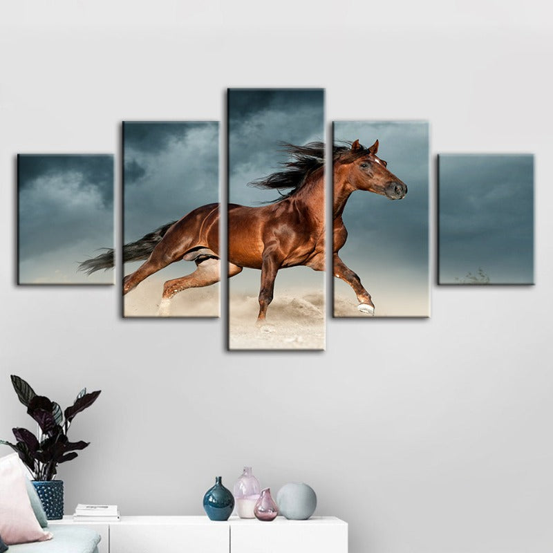 5 Stück Braunes Pferd in der Wüste - Leinwand Wandkunst Gemälde