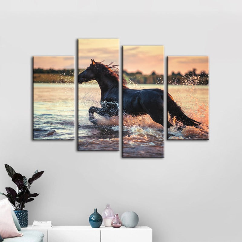 4-teilige laufende Pferde im Wasser - Leinwand Wandkunst Gemälde