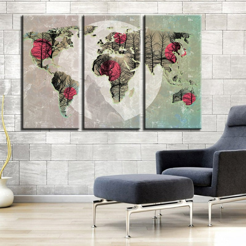 Schöne abstrakte rosa Sonnen-Weltkarte-Canvas-Wandkunstgemälde 3 Teile