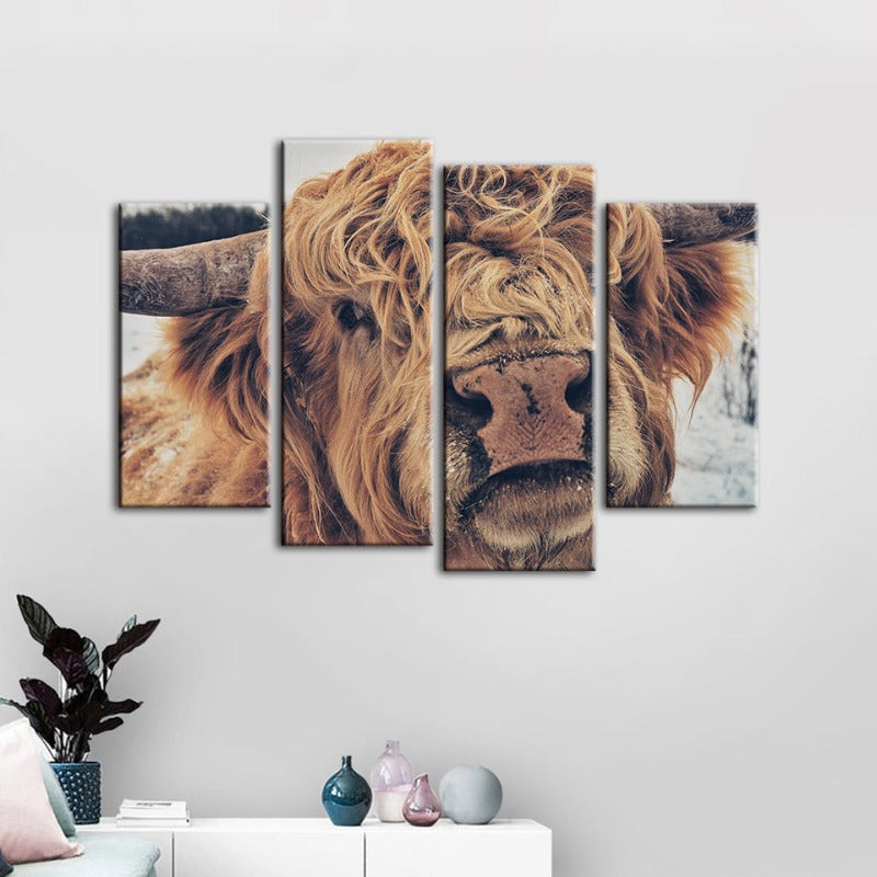 4-teilige Nahaufnahme Braun Kuh - Leinwand Wandkunst Gemälde | Karnz