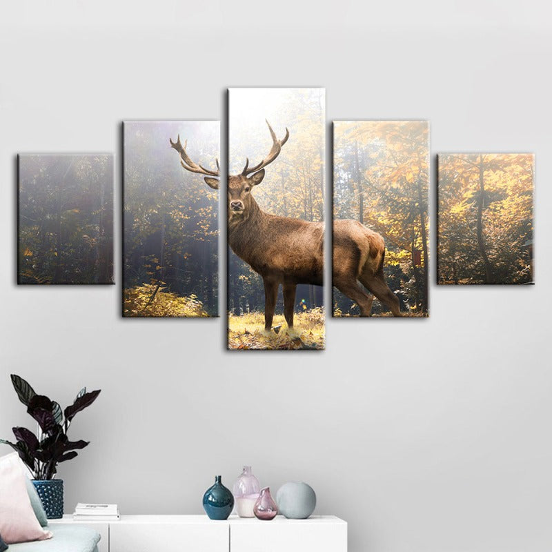 5-teiliges majestätisches Reh im Wald - Leinwand Wandkunst Gemälde