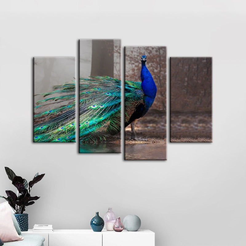 4-teiliges lebhaftes Pfau am Teich - Leinwand Wandkunst Gemälde