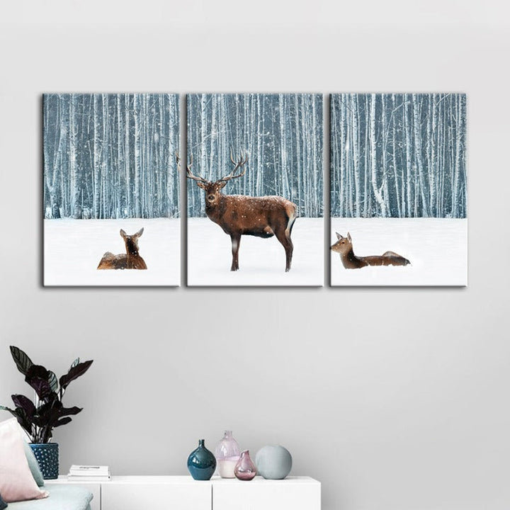 Zwei Rehe und ein Hirsch im Winter - Leinwandbild, 3-teilig