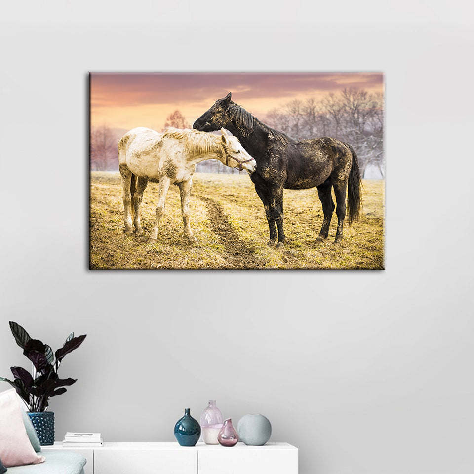 Schwarze & Weiße Pferde - Leinwand Wandkunst Gemälde