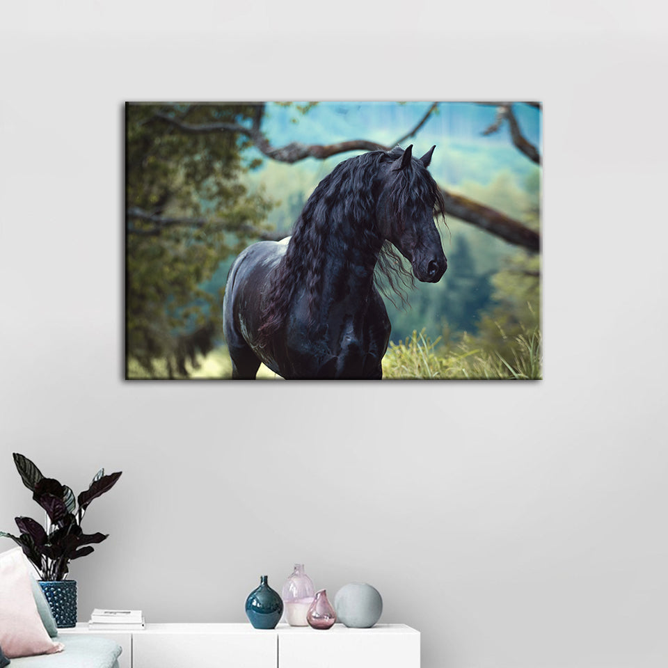Schwarzes Pferd im Wald - Leinwand Wandkunst Gemälde