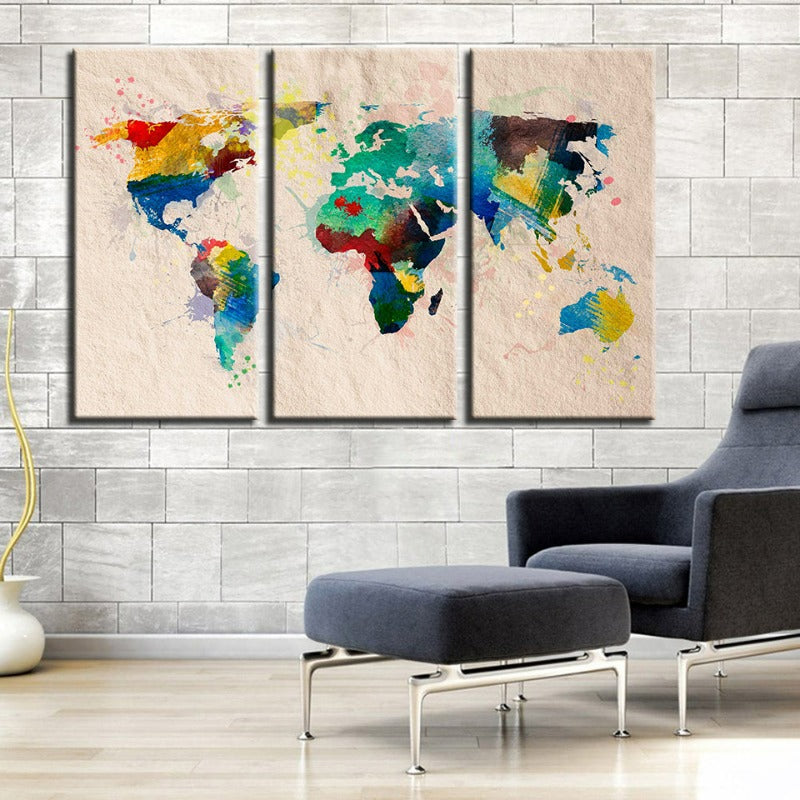 Schöne abstrakte Regenbogenfarbene Weltkarte - Leinwand Wandkunst Gemälde 3 Teile