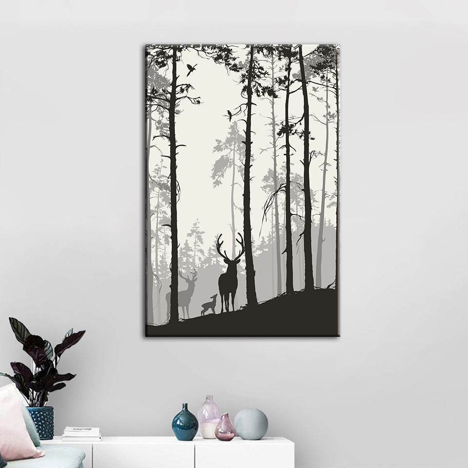 Silhouette einer Hirschfamilie – Leinwandbild