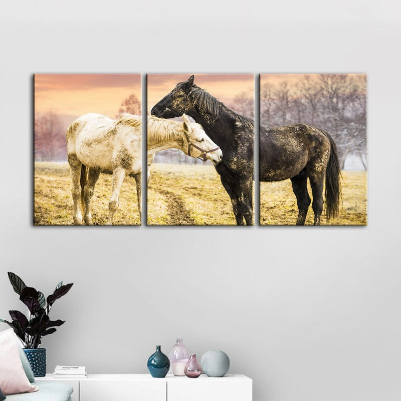 Schwarz & Weiße Pferde-Canvas Wandkunst Gemälde 3 Stücke