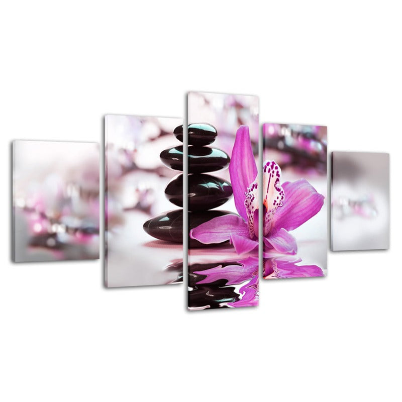 5 Stück schwarze Kiesel mit lila Blume - Leinwand Wandkunst Gemälde