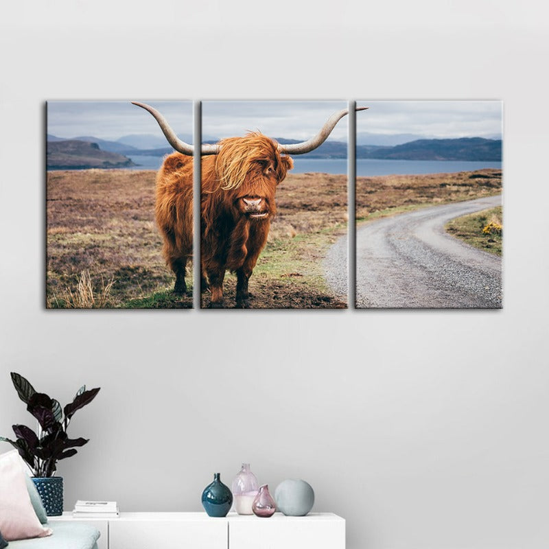 Schöne Braune Kuh-Canvas Wandkunst Gemälde 3 Stücke
