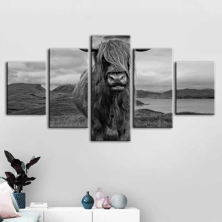 5-teiliges schwarz-weißes Kuh - Leinwand Wandkunst Gemälde