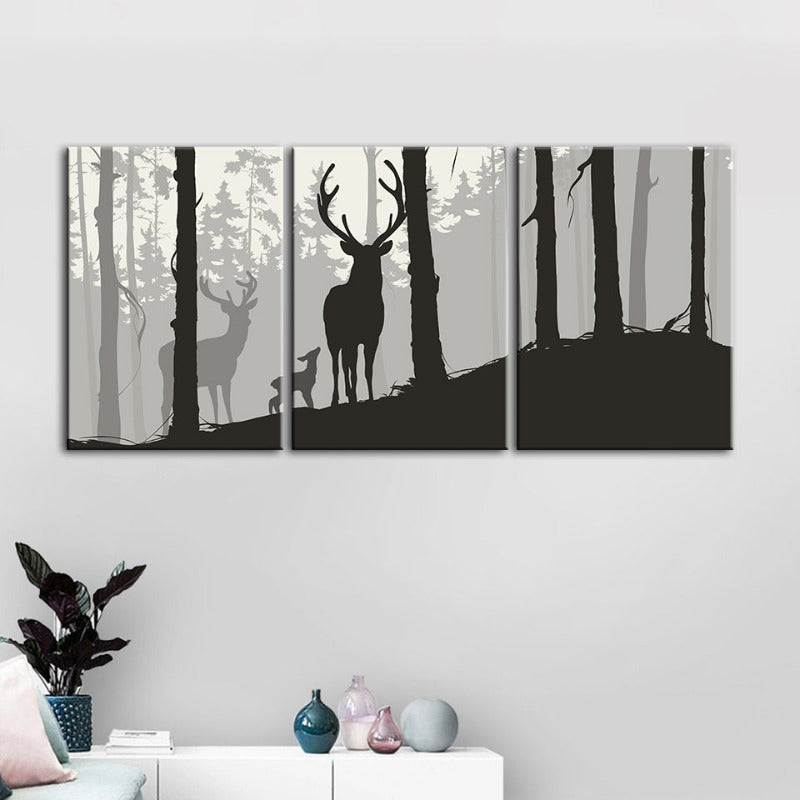Silhouette einer Hirschfamilie – Leinwandbild, 3-teilig