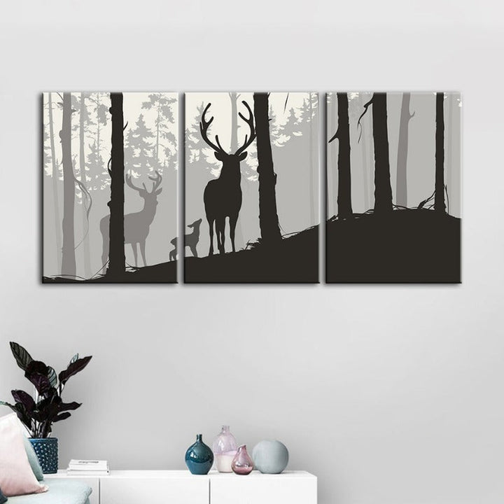 Silhouette einer Hirschfamilie – Leinwandbild, 3-teilig