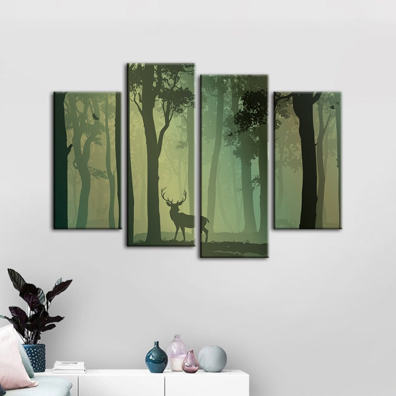 4-teilige verzauberte grünfarbige Silhouette von Rehen - Leinwand Wandkunst Gemälde