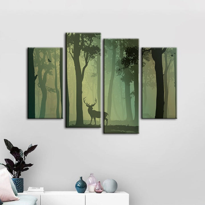 4-teilige verzauberte grünfarbige Silhouette von Rehen - Leinwand Wandkunst Gemälde