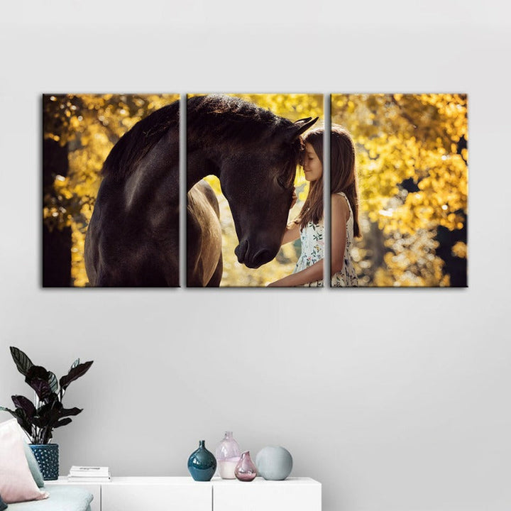 Freundschaft zwischen einem Mädchen und einem Pferd - Leinwand Wandkunst Malerei 3 Teile