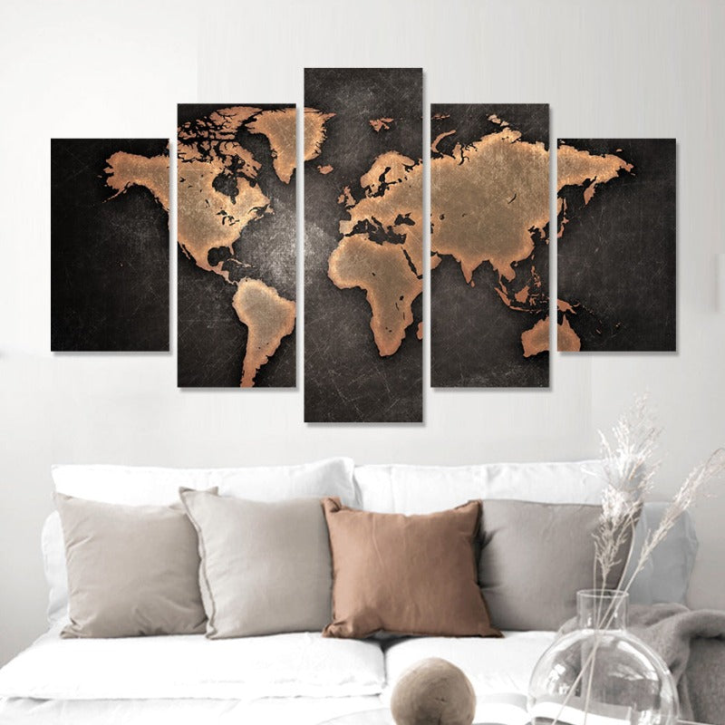 5-teilige braune Weltkarte - Leinwand Wandkunst Gemälde