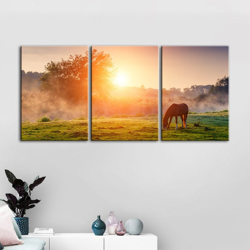 Sonnenaufgang grasendes Pferd – Leinwandbild, 3-teilig