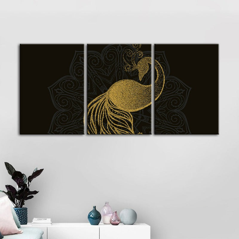 Abstraktes Goldenes Mandala Pfau - Leinwand Wandkunst Gemälde 3 Teile