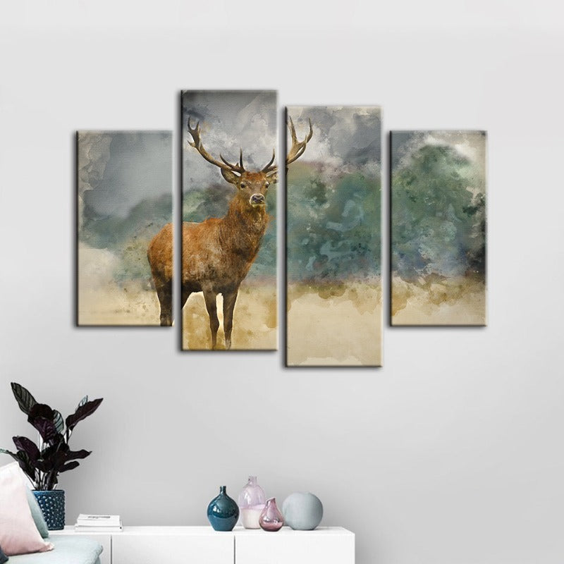 4-teilige Aquarell Ebenholz Hirsch - Leinwand Wandkunstmalerei