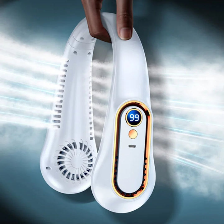 CoolEase | Tragbarer Nackenventilator – Federnloses freihändiges Kühlen – Fünf Geschwindigkeiten USB-C – Reisen Büro Shuttle Karnz
