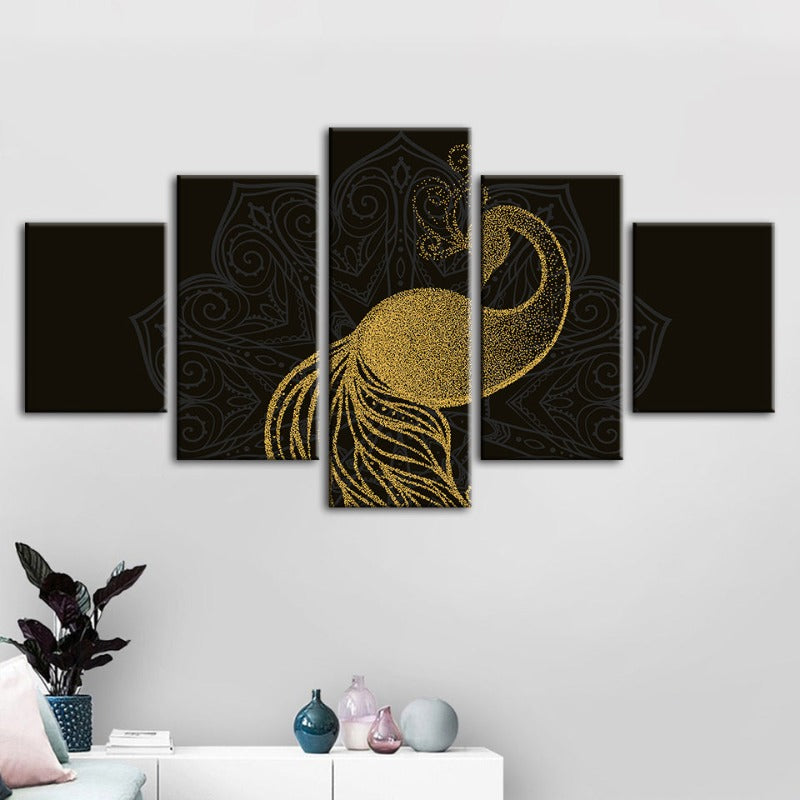 5-teiliges abstraktes goldenes Mandala-Pfau - Leinwand Wandkunst Gemälde