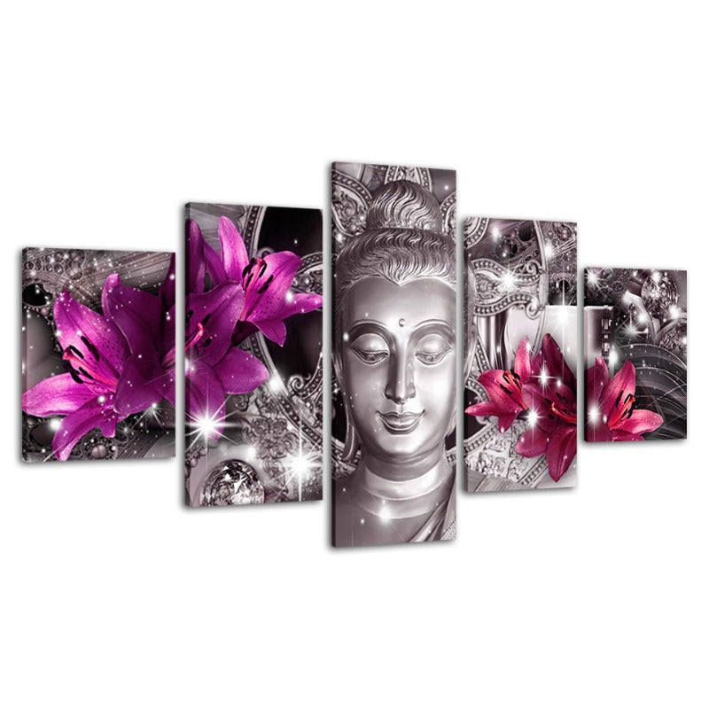 5-teilige Buddha mit lila und pinken Tulpenblumen - Leinwand Wandkunst Gemälde