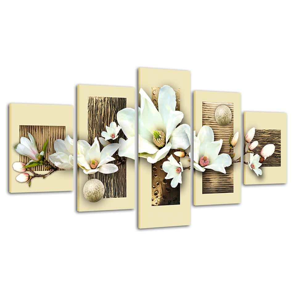 5-teiliges Leinwandbild mit strukturierten, mehrfarbigen Magnolien