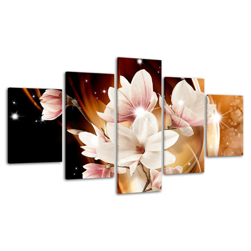 5 Stück Orange Hintergrund Weiße Blume - Leinwand Wandkunst Gemälde