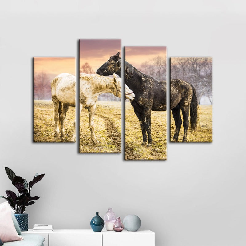 4-teilige Schwarz-Weiß-Pferde - Leinwand Wandkunst Gemälde | Karnz