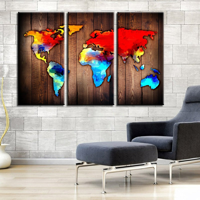 Schöne Vulkanische Weltkarte - Canvas Wandkunst Gemälde 3 Stück