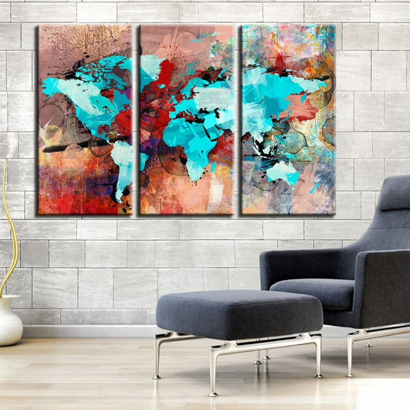 Schönes abstraktes Meerblau- und Rot-Weltkarte-Leinwand-Wandkunstgemälde 3 Teile