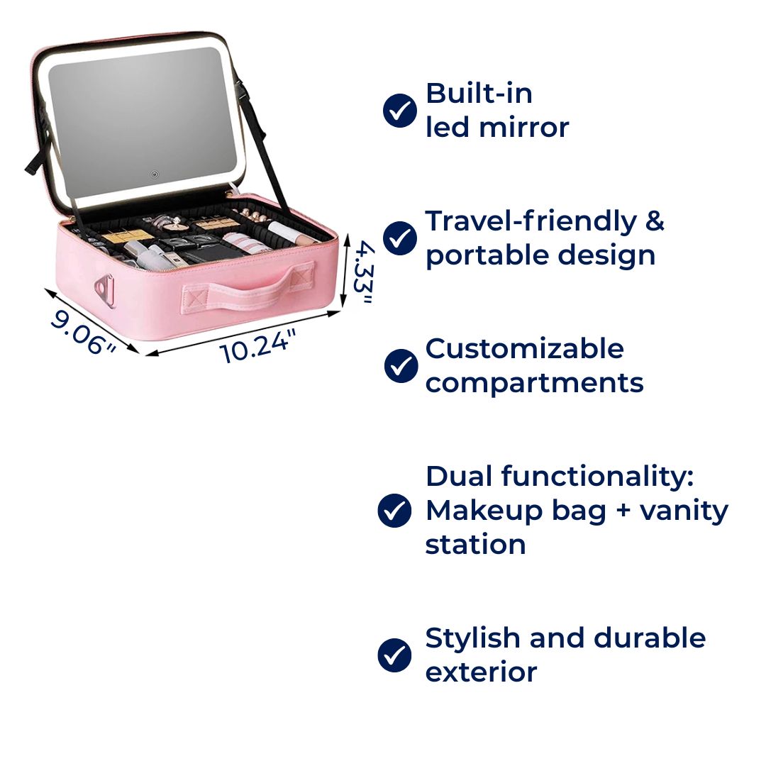 GlamOrganize | Make-up- und Toilettentasche - Kosmetik-Organizer - LED-Spiegel - Kompakte Aufbewahrung für Make-up und Hautpflege - Praktische Reiseschale
