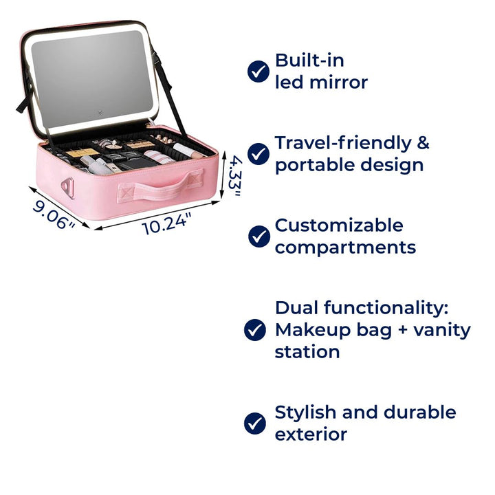 GlamOrganize | Make-up- und Toilettentasche - Kosmetik-Organizer - LED-Spiegel - Kompakte Aufbewahrung für Make-up und Hautpflege - Praktische Reiseschale