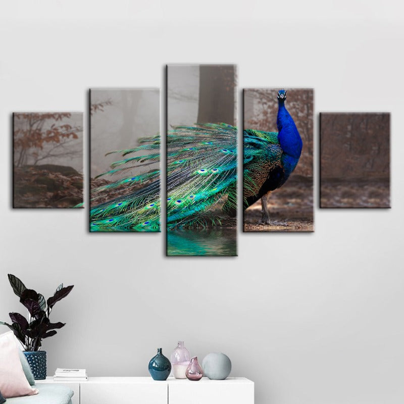 5 Stück Lebhafte Pfau am Teich - Leinwand Wandkunst Gemälde