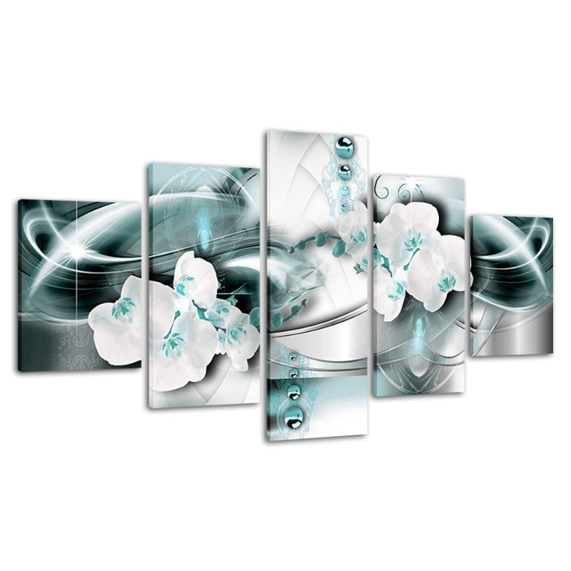 5-teilige meerblaue Hintergrund & Farbweiße Blume - Leinwand Wandkunst Gemälde