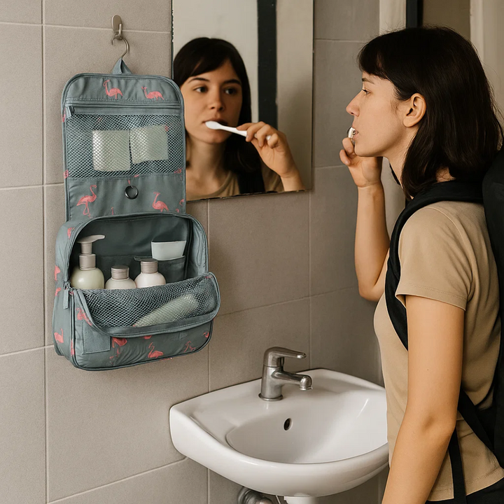 TravelEase – Wasserabweisendes Kosmetiktäschchen mit Haken und Fächern | Reise-Toilettentasche | Karnz
