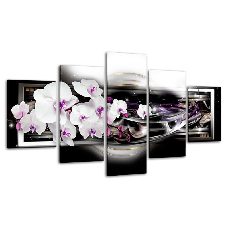 5 Stück Schwarz Hintergrund Lila Farbton Weiße Blume - Leinwand Wandkunst Malerei