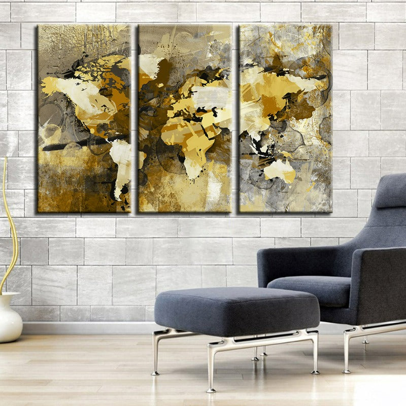 Schönes abstraktes gelb-braunes Weltkarte-Canvas-Wandkunst Gemälde 3 Stücke