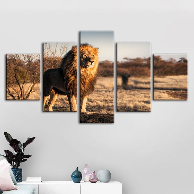 5-teilige majestätische Löwe im Sonnenlicht - Leinwand Wandkunst Gemälde