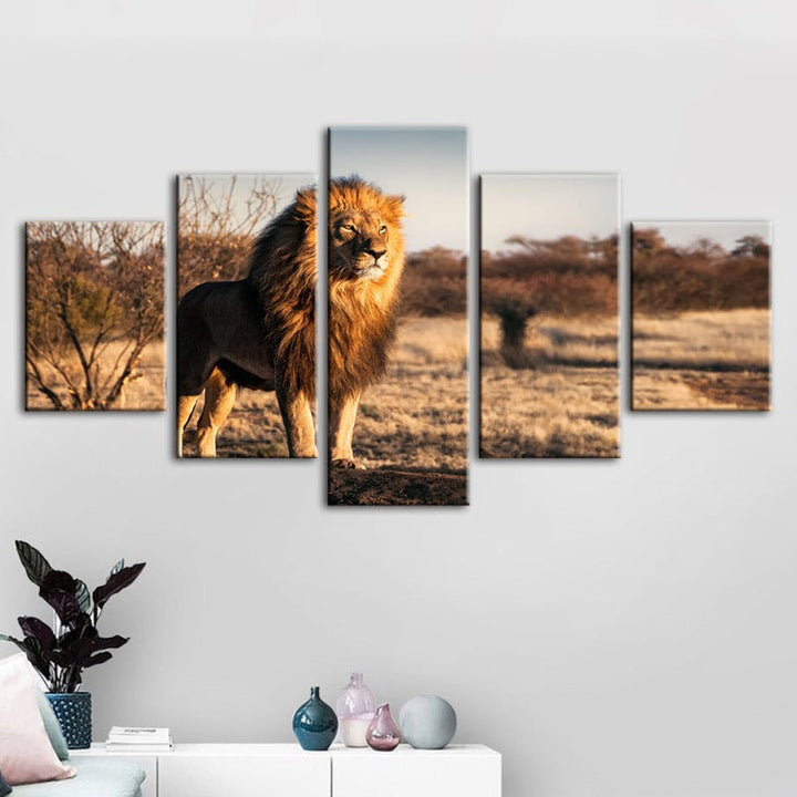 5-teilige majestätische Löwe im Sonnenlicht - Leinwand Wandkunst Gemälde
