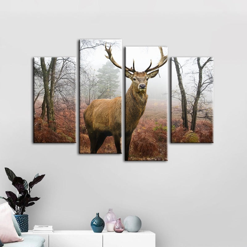 4-teilige neblige Herbst-Reh - Leinwand-Wandkunst Gemälde