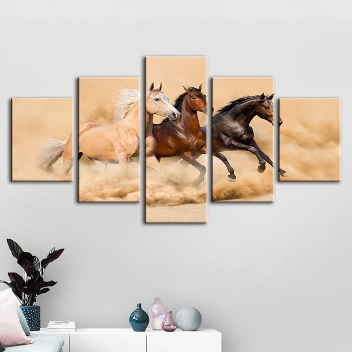 5 Stück Drei laufende Pferde in der Wüste - Leinwand Wandkunst Gemälde
