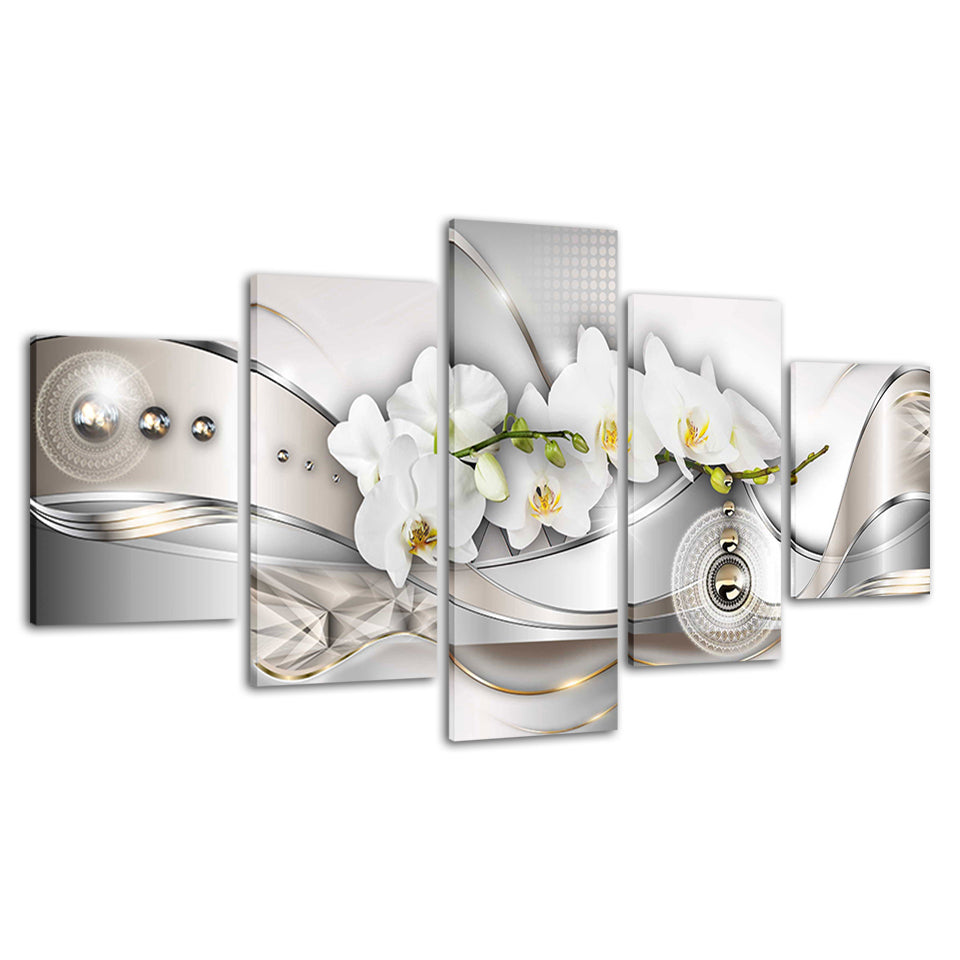 Weiße Orchideen und Metallperlen, 5-teiliges Leinwandbild