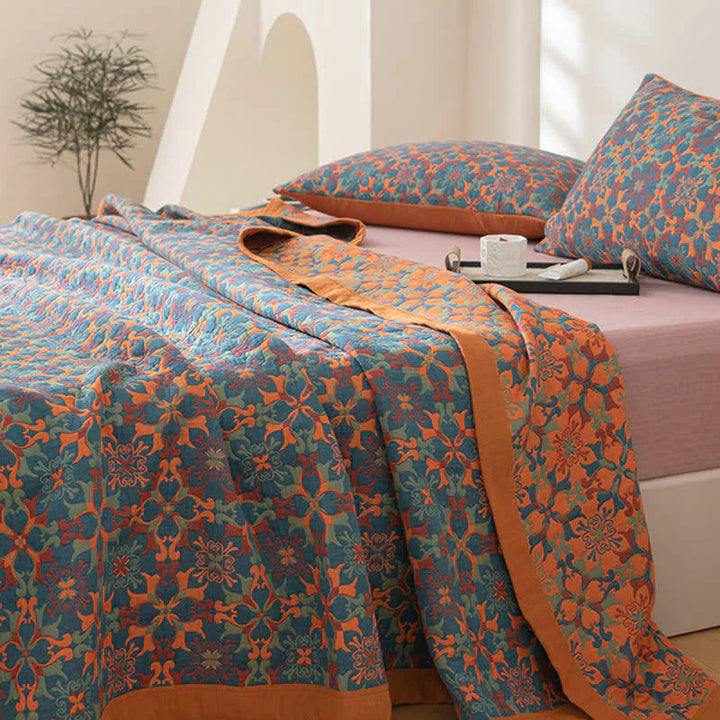 Karnz | Orange & Blau Muster Sechs-Layer Baumwolle Decke - TerraLoom