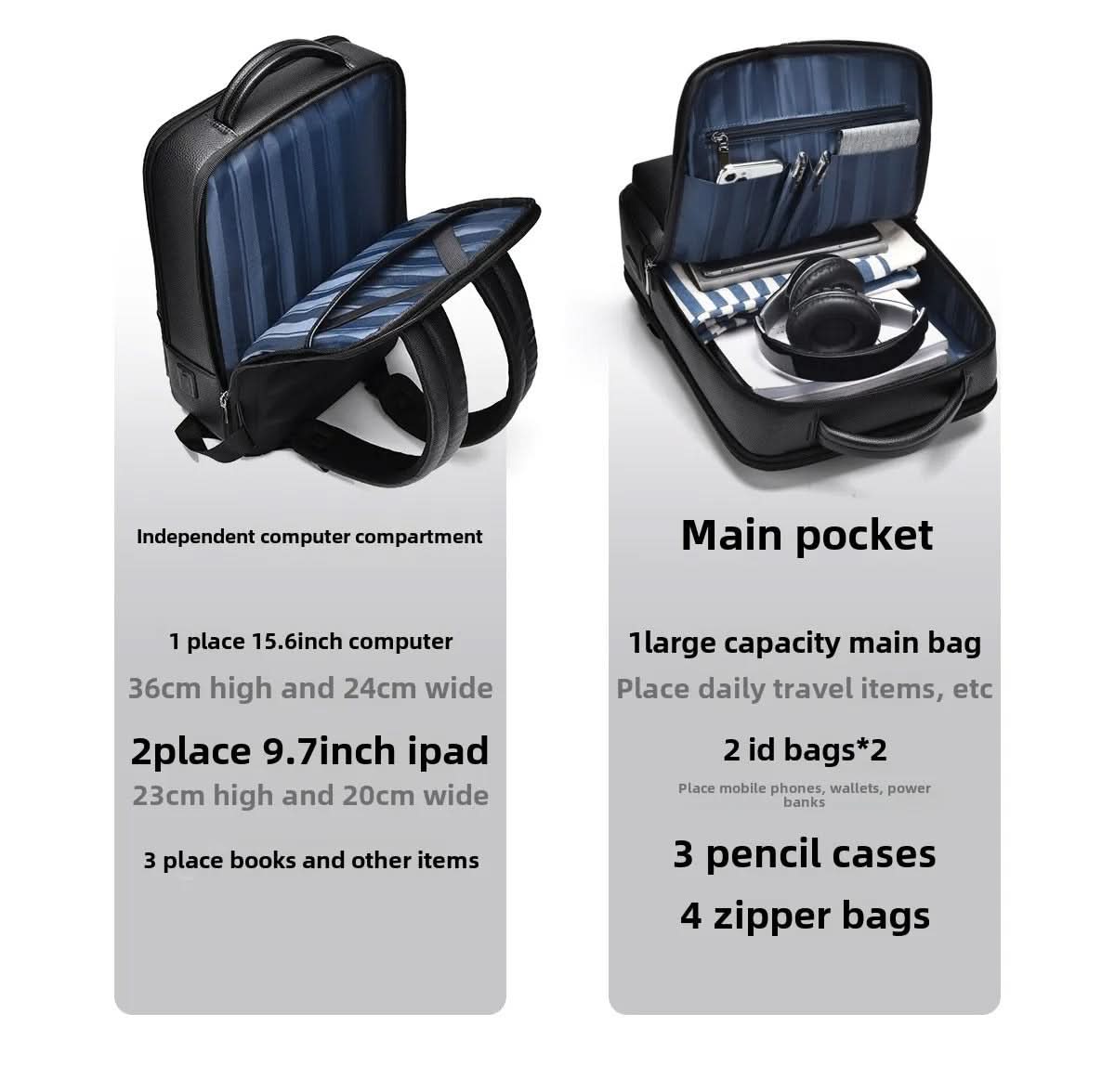 Eleganter Lederrucksack für Damen und Herren mit USB-Anschluss für Laptop und den täglichen Gebrauch, 15,6 Zoll, schwarz