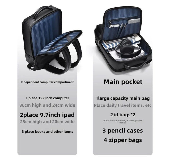 Eleganter Lederrucksack für Damen und Herren mit USB-Anschluss für Laptop und den täglichen Gebrauch, 15,6 Zoll, schwarz