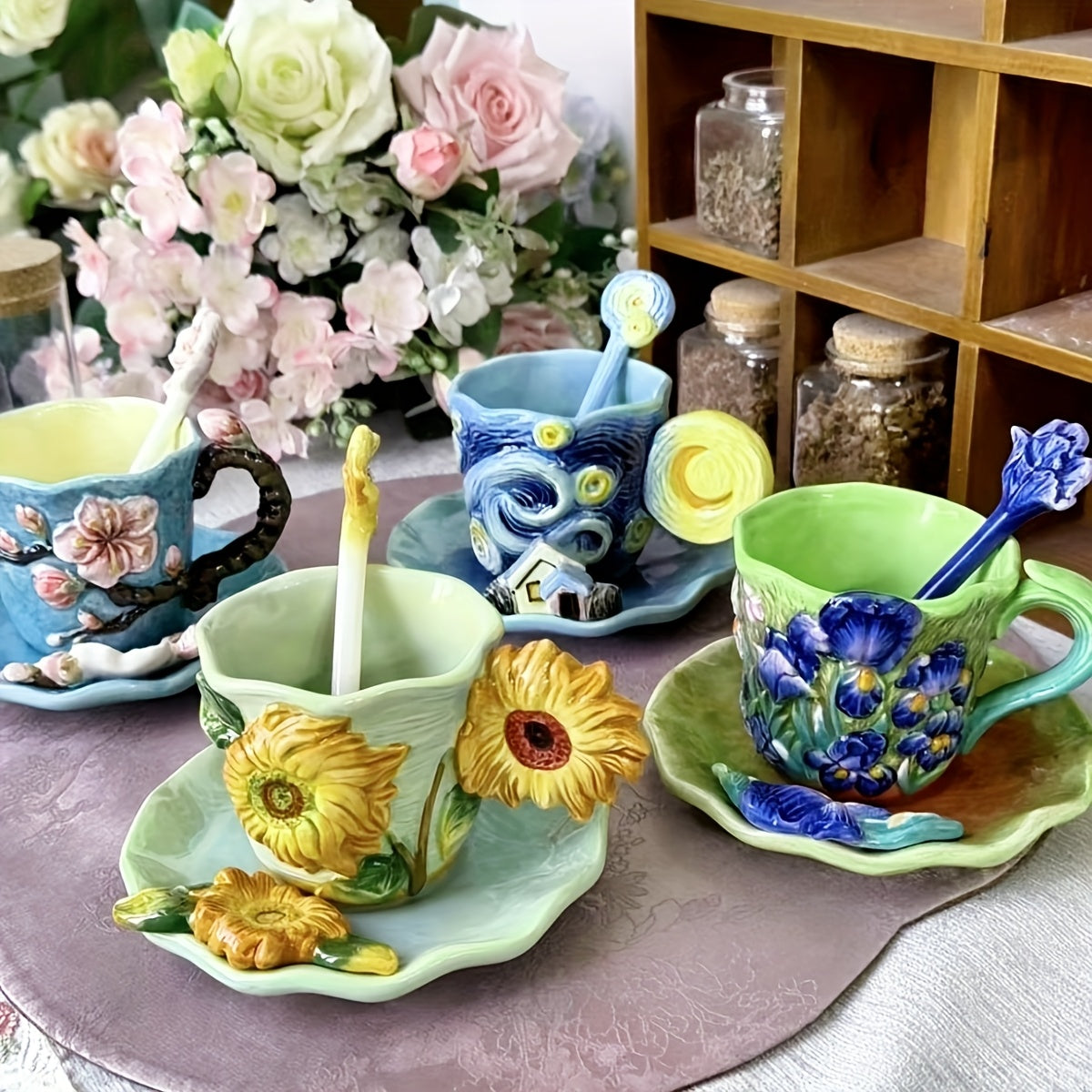 ArtSip Keramiktasse & Untertasse Set – Handgemalte 3D-Design inspiriert von Van Gogh | Karnz